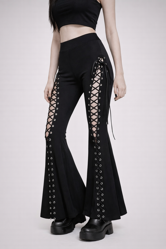 Black Lace-Up High Waist Bell-Bottom Pants