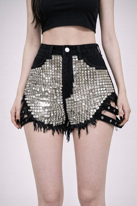 Black Studded High-Waist Denim Shorts