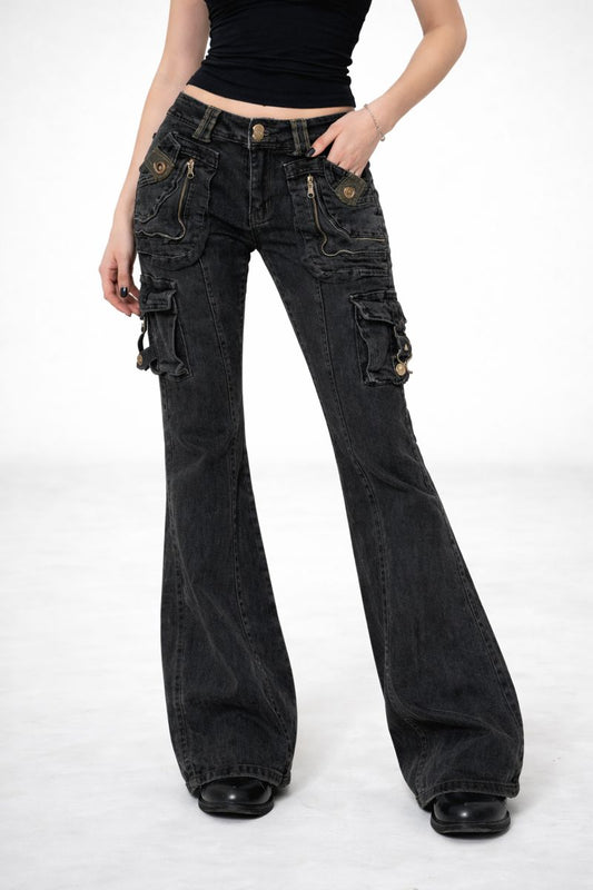 Washed Multi-Pocket Flared Denim Jeans