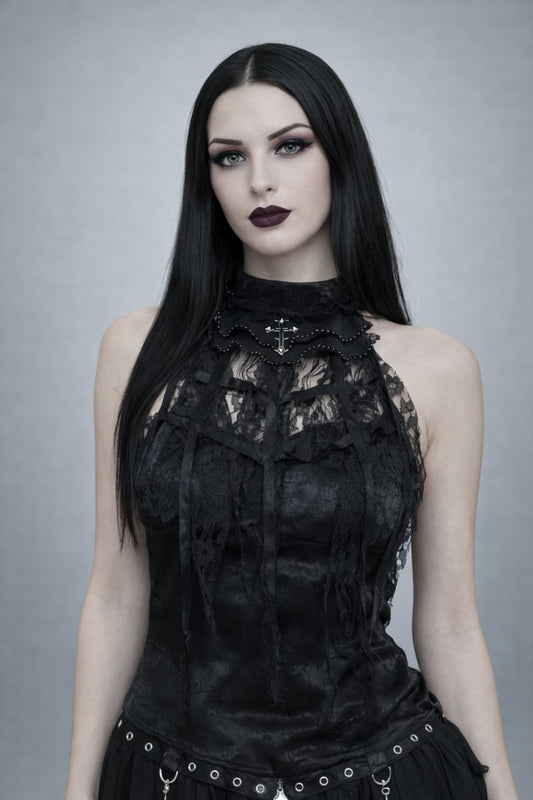 Black Rose Cobweb Lace Halter Top