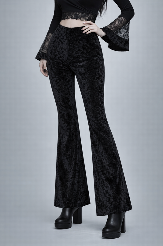 Black High-Waist Velvet Bootcut Pants