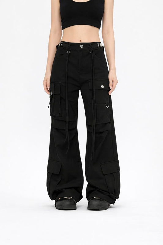 Black Lace-Up Retro Cargo Pants
