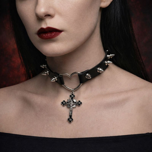 Spiked Heart Cross Choker