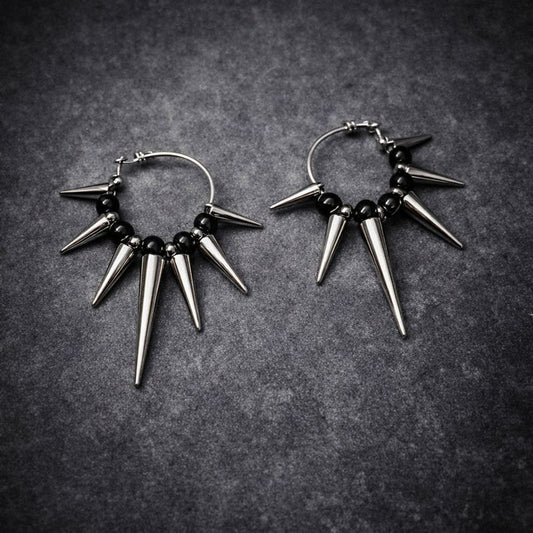 Silver Spike Cone Earrings With Beads