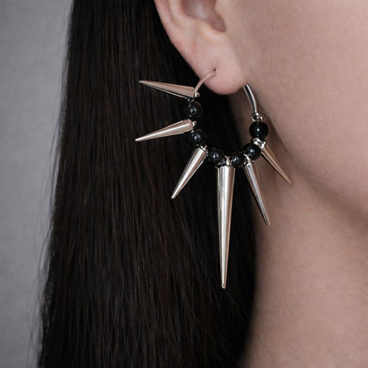 Silver Spike Cone Earrings With Beads