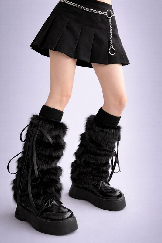 Black Lace-Up Fur Leg Warmers