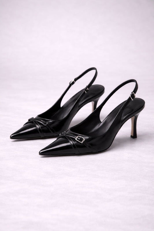Black Pointed Toe Stiletto Ankle Strap Pumps