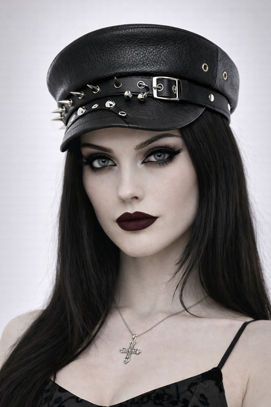 Black Faux Leather Punk Beret