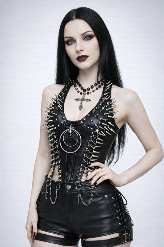 Black Faux Leather Spiked Harness Vest