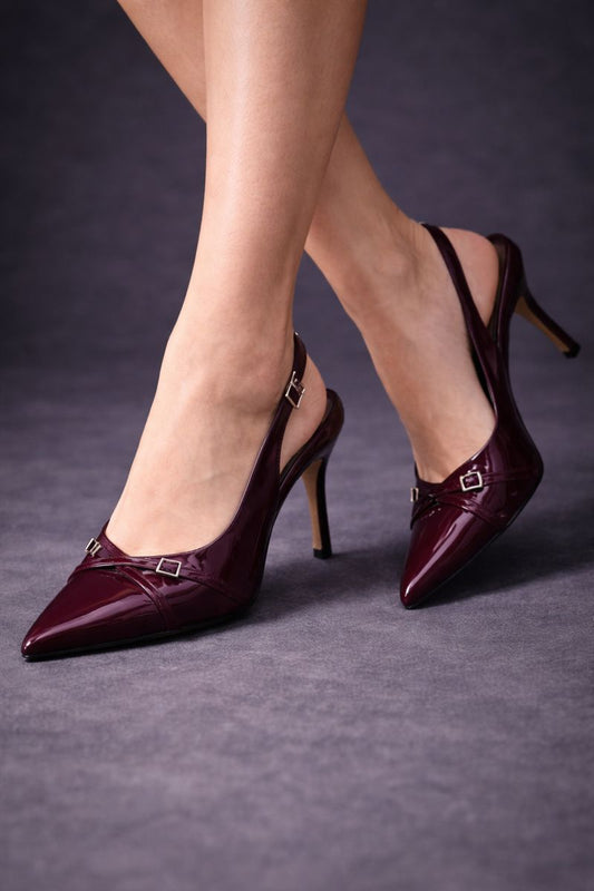 Burgundy Patent Cross-Buckle Heels