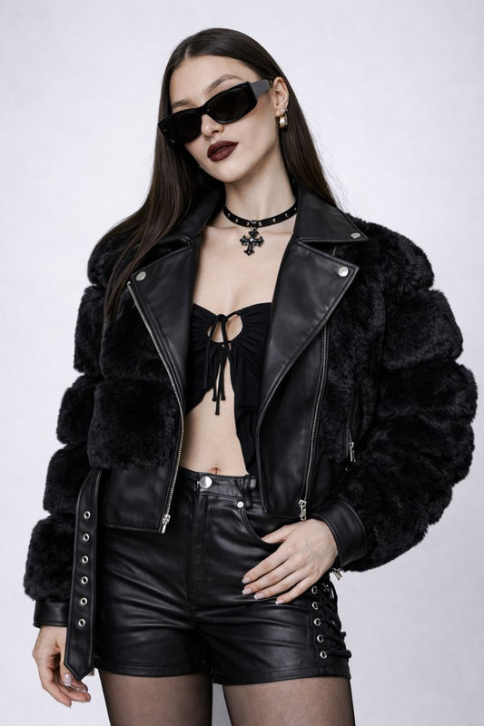 Black Faux Fur Biker Winter Jacket